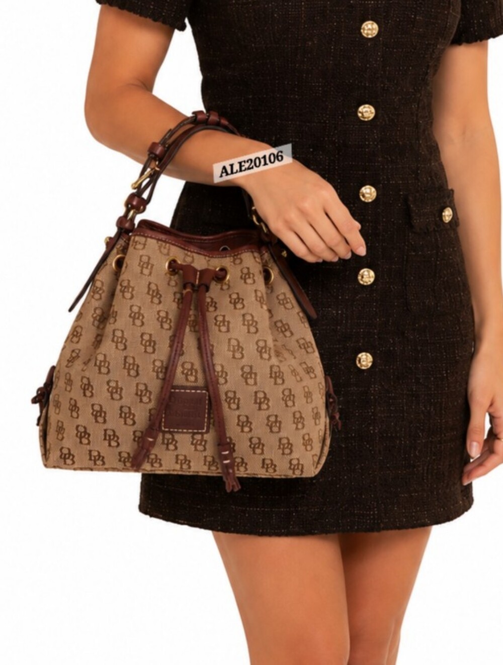 Dooney & Bourke DB Monogram Drawstring Bucket Bag Tan Brown Leather - Picture 3 of 17
